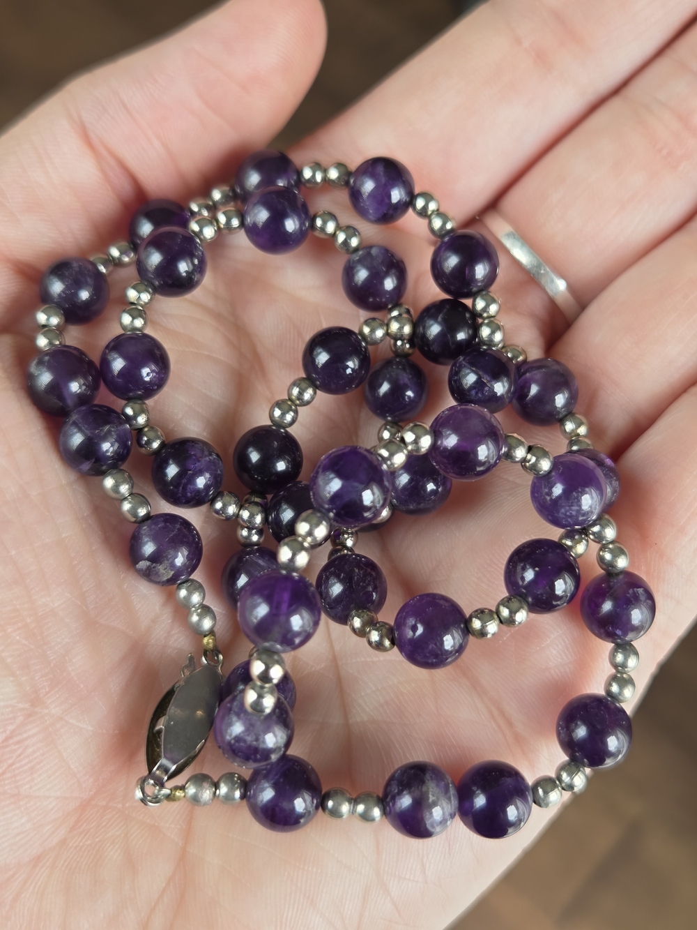 Amethyst Bead Necklace with Silver Accents - Purple